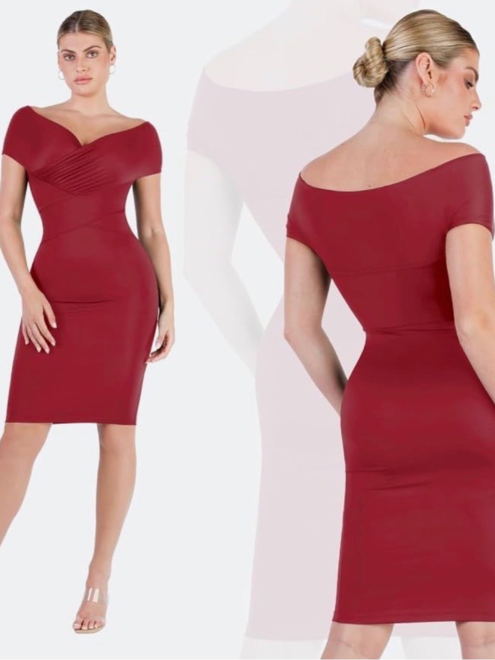 Elegant Off-Shoulder Red Sheath Shape-wear Dress